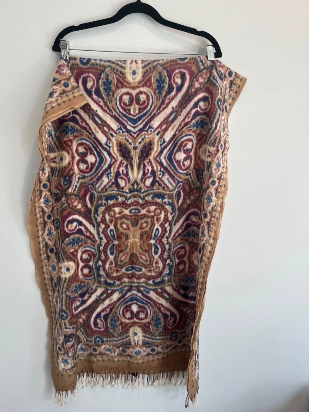 Vintage 90s Lucky Brand 100% Wool Paisley Scarf Fringe Boho Shawl Wrap